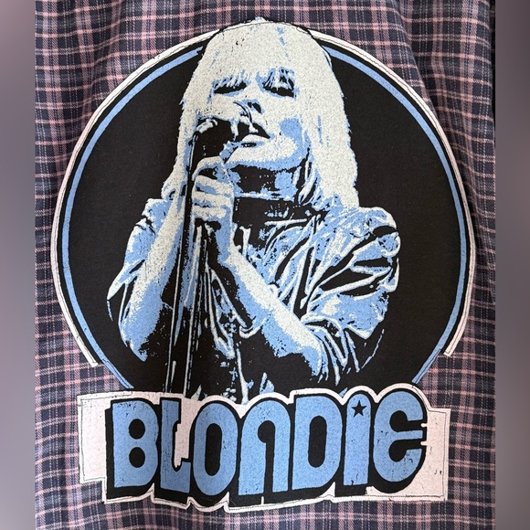 Upcycled BLONDIE Graphic Tee On REWIND Mixed Patterns Flannel Shirt Size XL - Picture 4 of 8